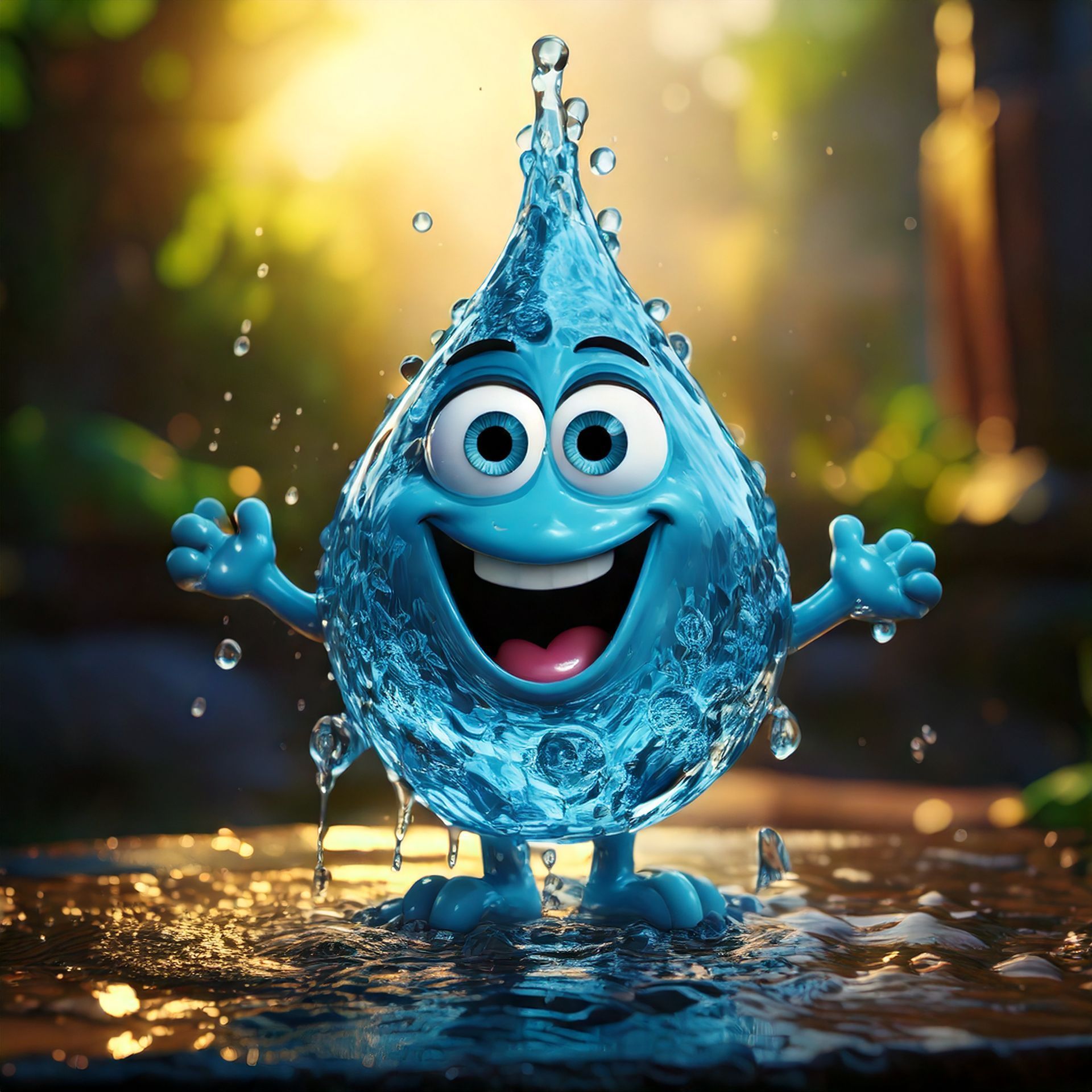 Une goutte d'eau de dessin animé avec des bras et des jambes sourit