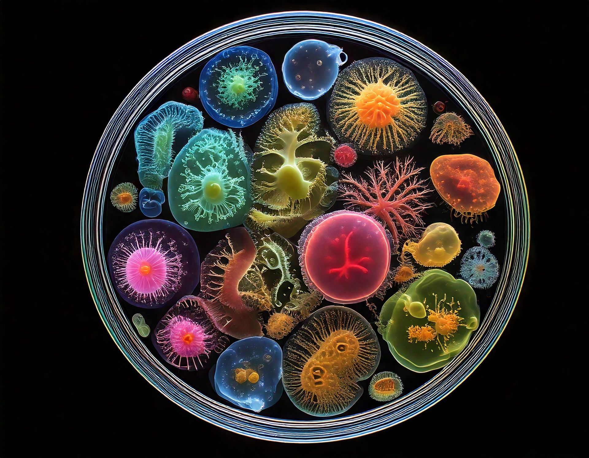 Une boîte de Pétri remplie de méduses colorées sur fond noir