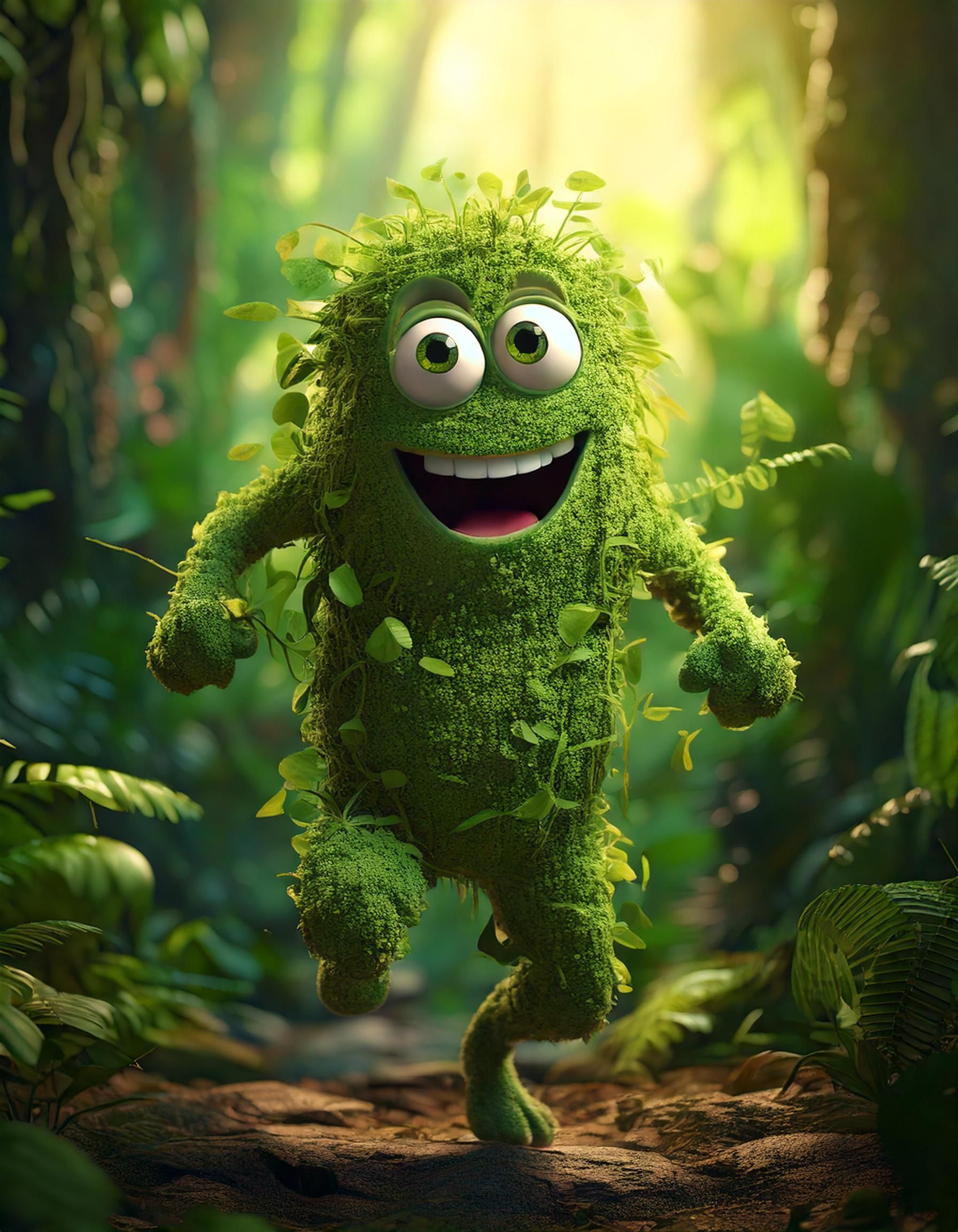 Un monstre vert fait de feuilles court à travers une forêt.
