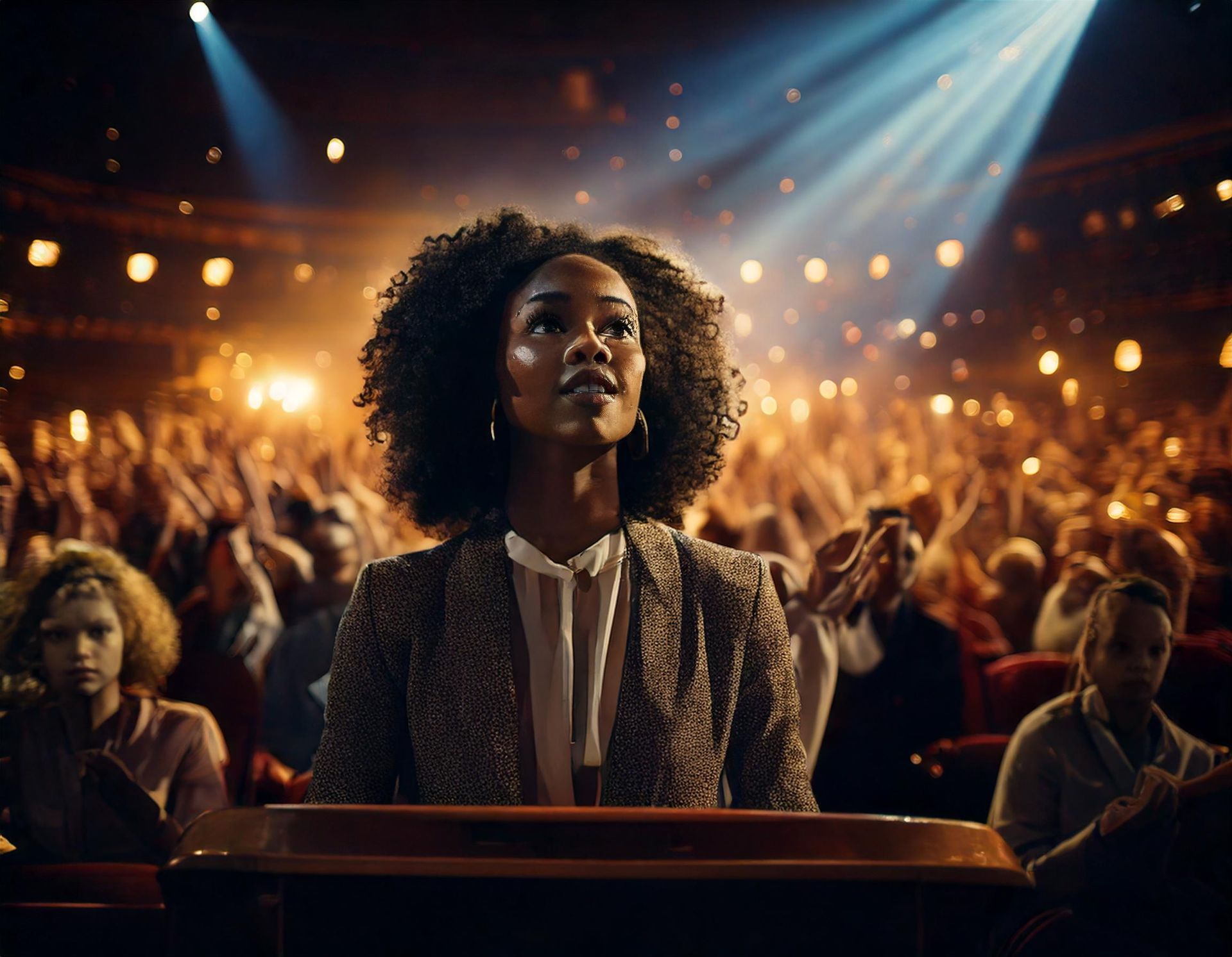 Une femme est assise devant une foule lors d'un concert.
