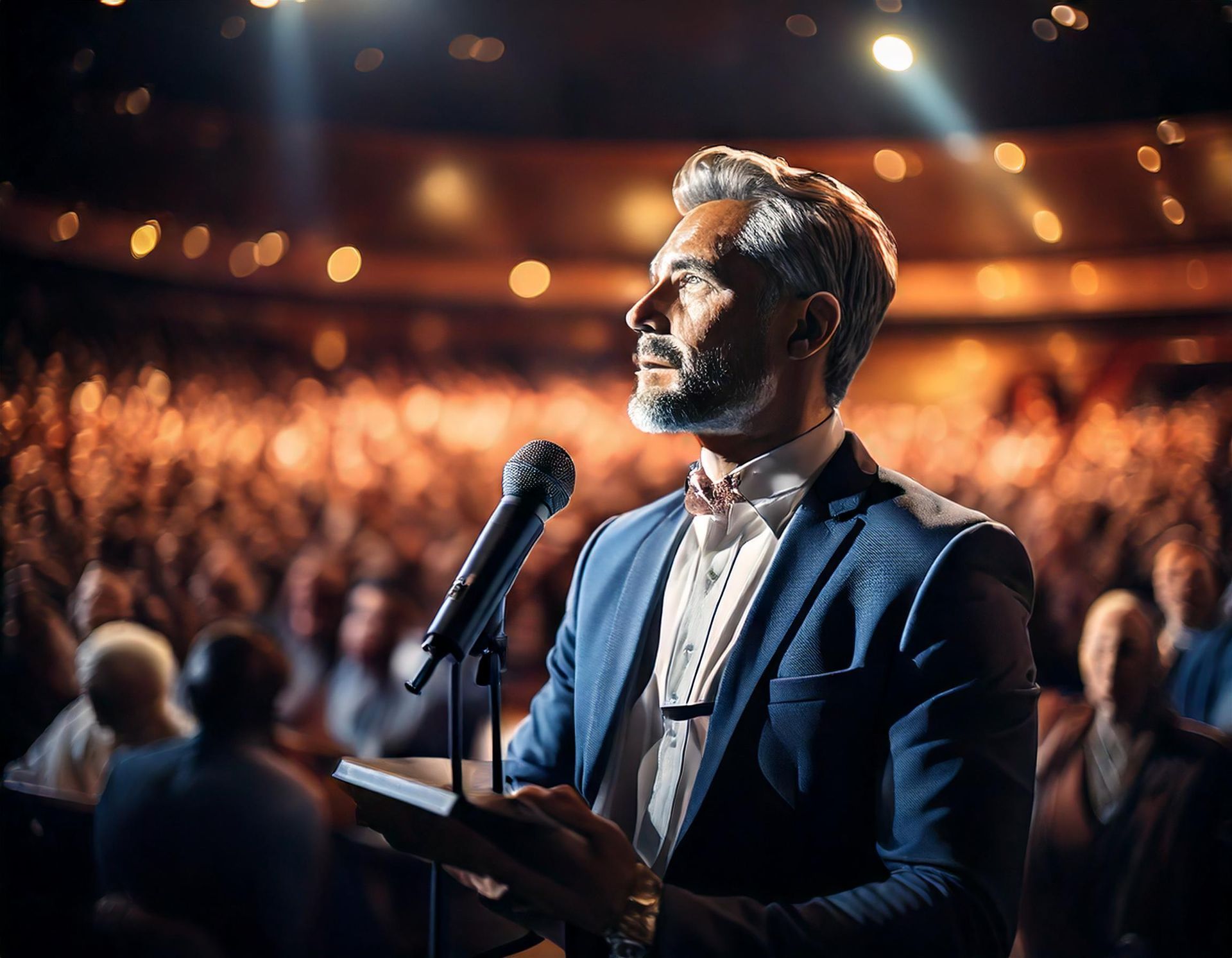 Un homme en costume prononce un discours sur un podium devant une foule.