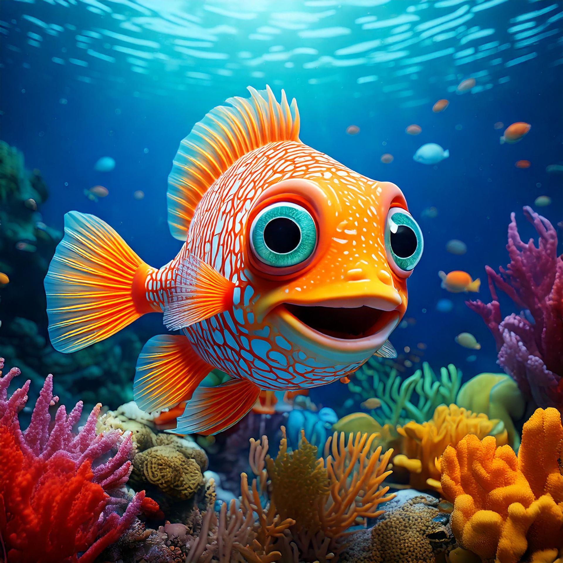 Un poisson de dessin animé avec de grands yeux nage dans un récif de corail.