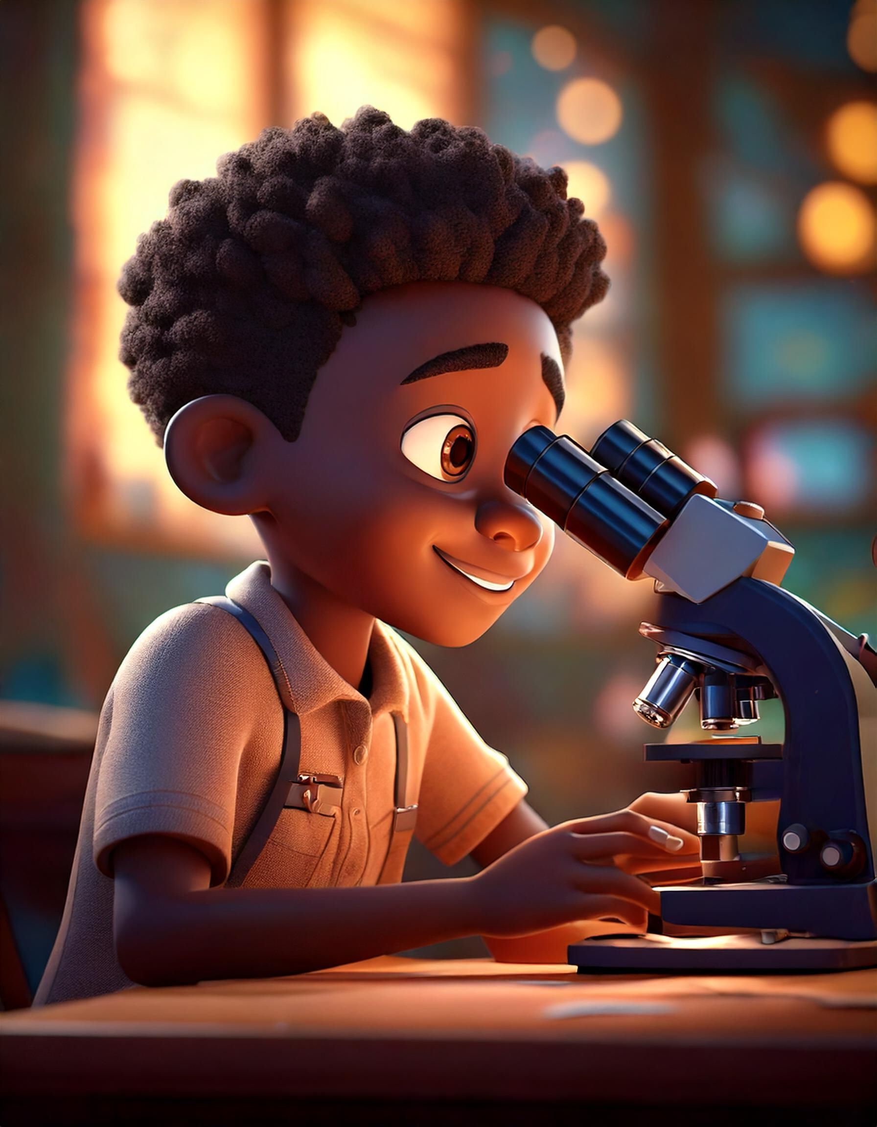 Un garçon regarde à travers un microscope et sourit