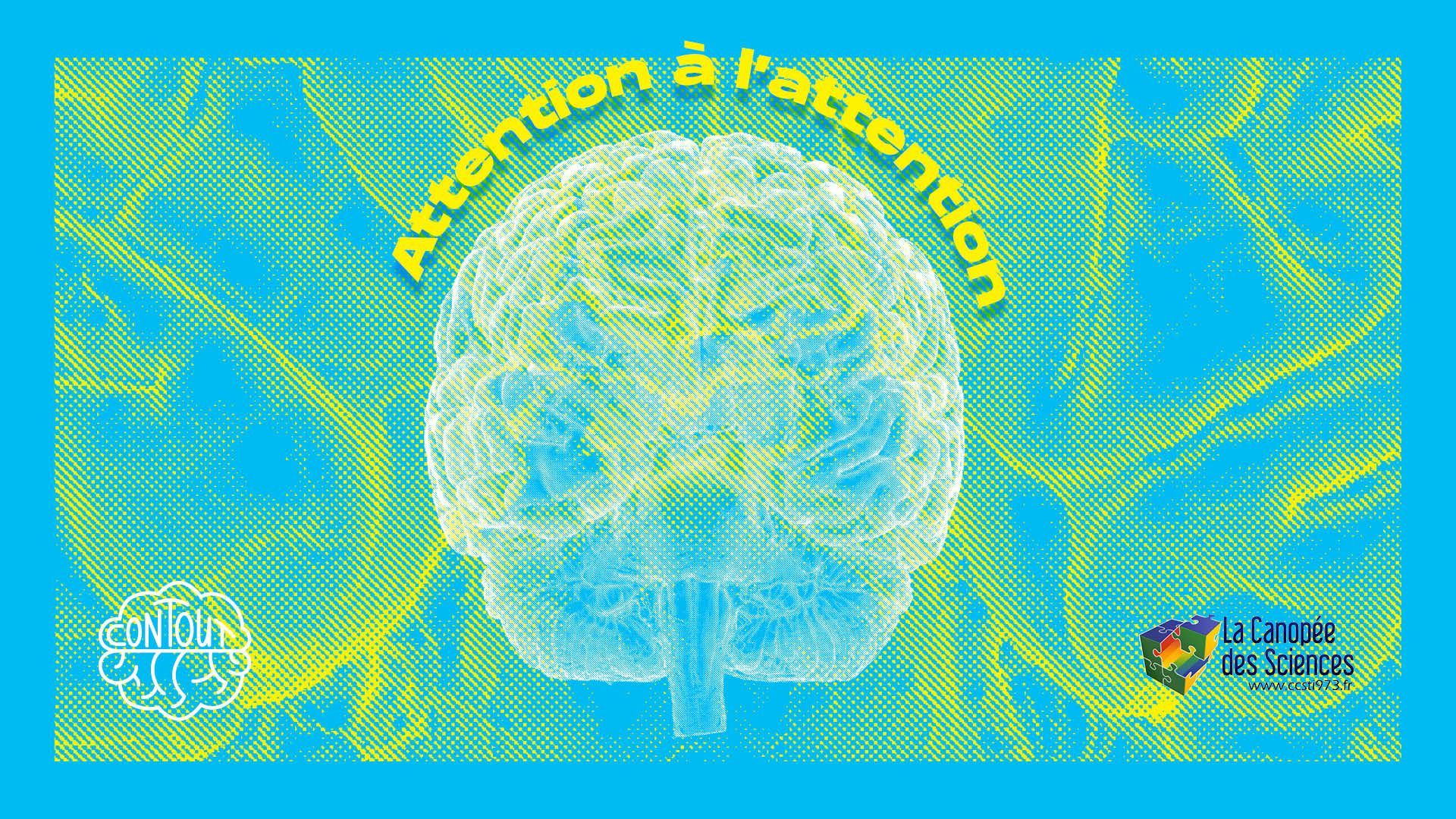 Une image d'un cerveau sur un fond bleu avec les mots attention al' attention écrits autour.