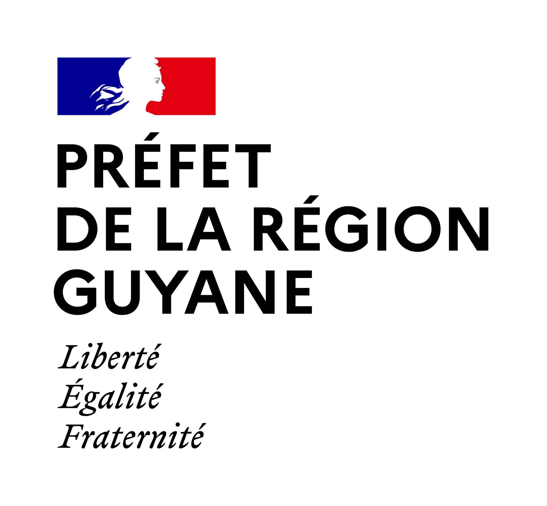 Un logo pour le préfet de la région guyane avec un drapeau dessus.