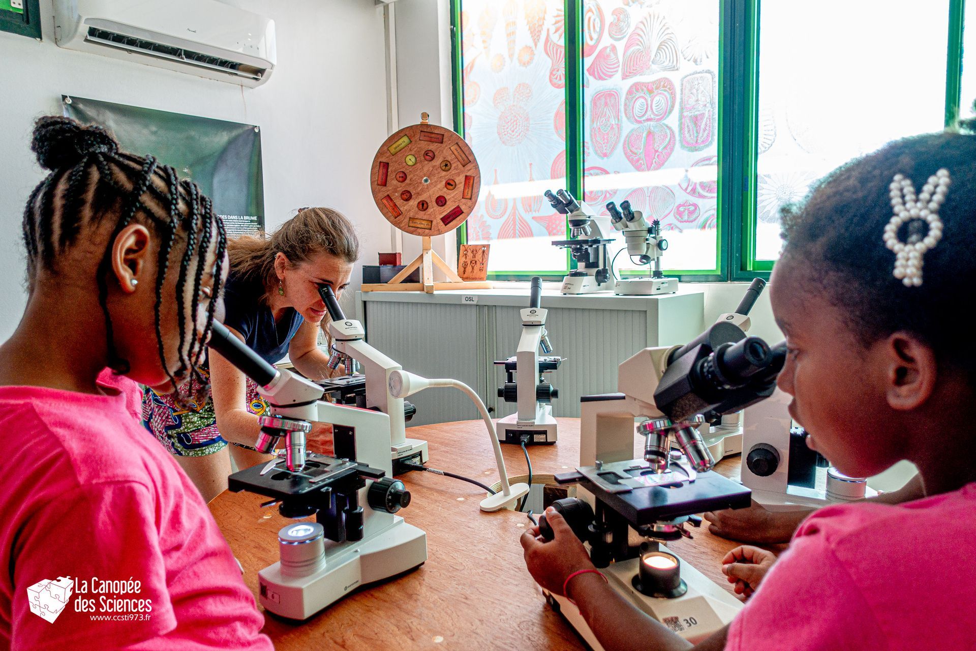Un groupe d'enfants regardent à travers des microscopes dans un laboratoire.