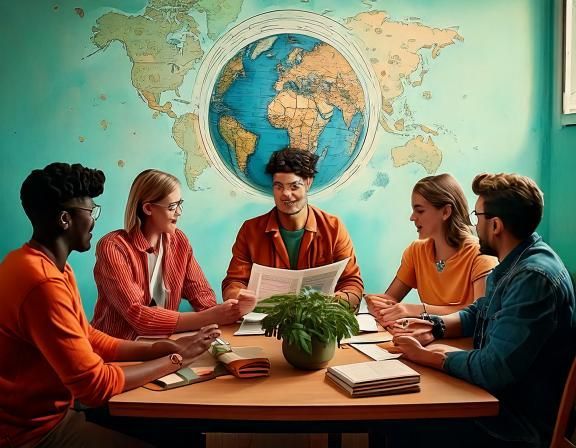 Un groupe de personnes est assis autour d'une table avec un globe sur le mur.