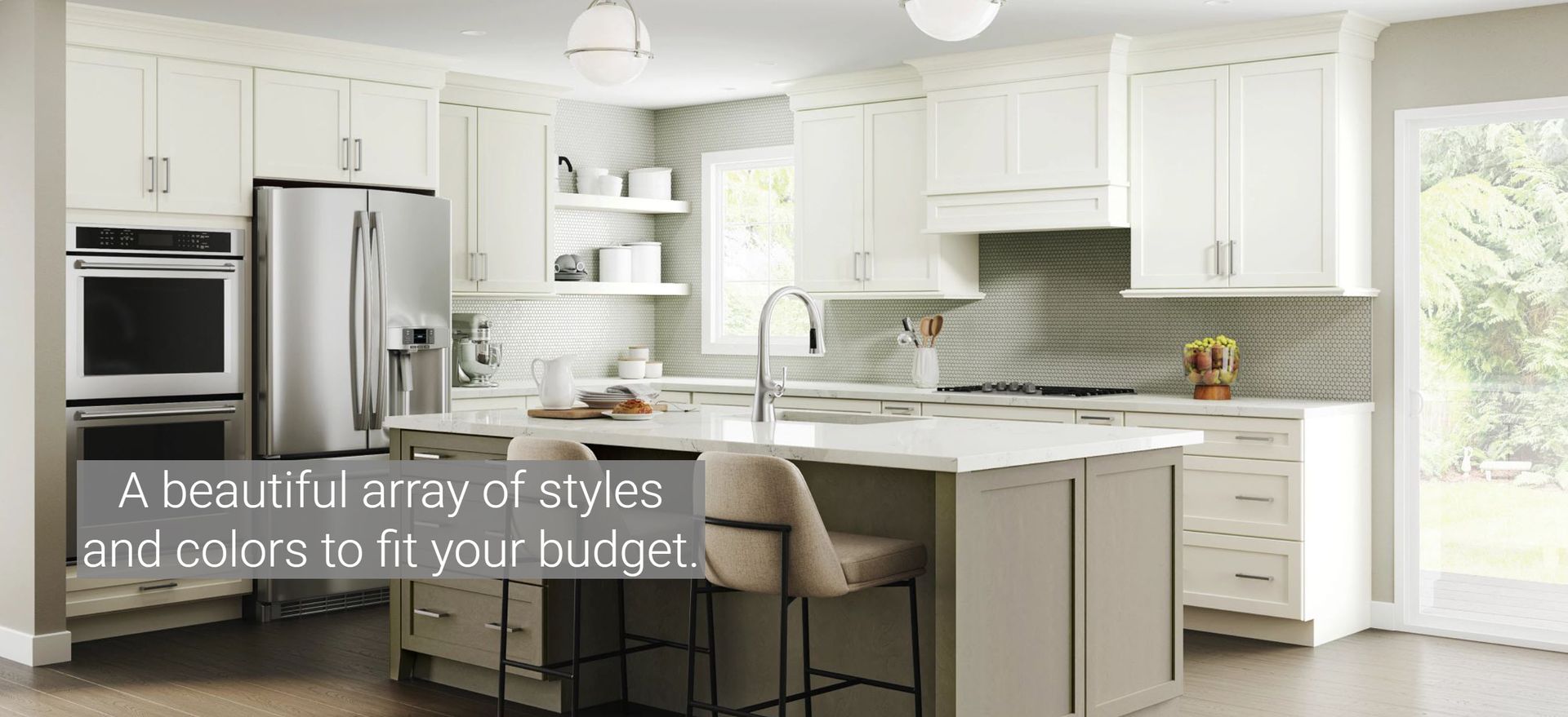 Bright white kitchen with island, stainless appliances, and text overlay about styles and budgets