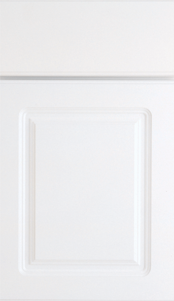 A close up of a white cabinet door with a square design.