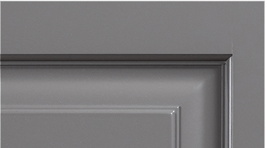 A close up of a gray door on a white background.