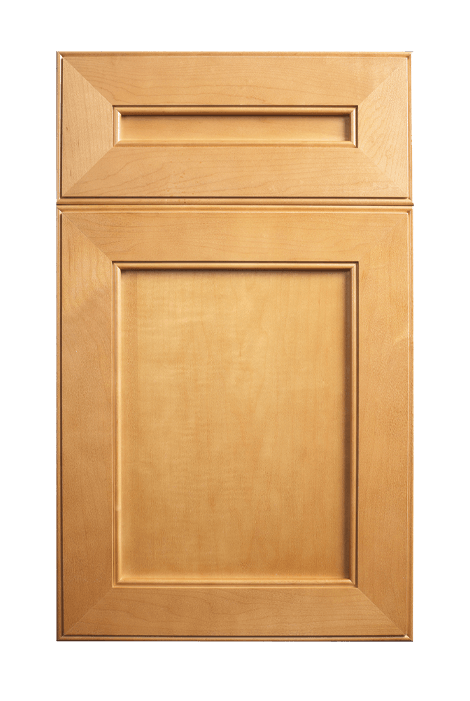 A close up of a wooden cabinet door on a white background.