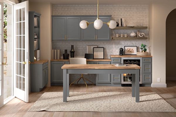 There is a desk in the middle of the room.