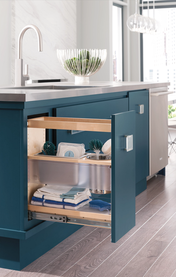 A kitchen with blue cabinets and a pull out shelf under the sink.