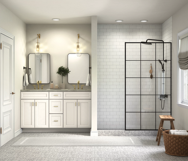 A bathroom with two sinks and a walk in shower.