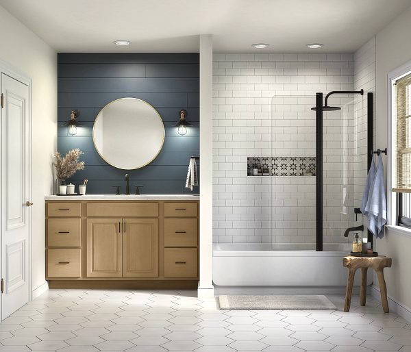 A bathroom with a tub , sink , mirror and window