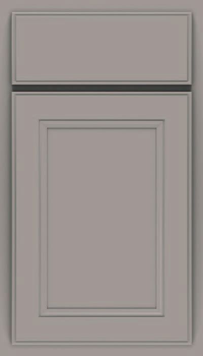 A close up of a gray cabinet door on a white background.