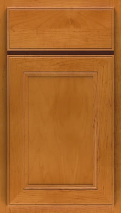 A close up of a wooden cabinet door with a black trim.