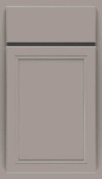 A close up of a gray cabinet door on a white background.