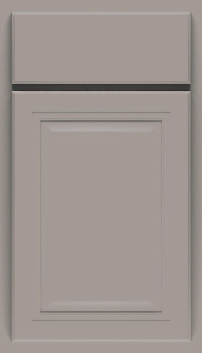 A close up of a white cabinet door with a black trim.