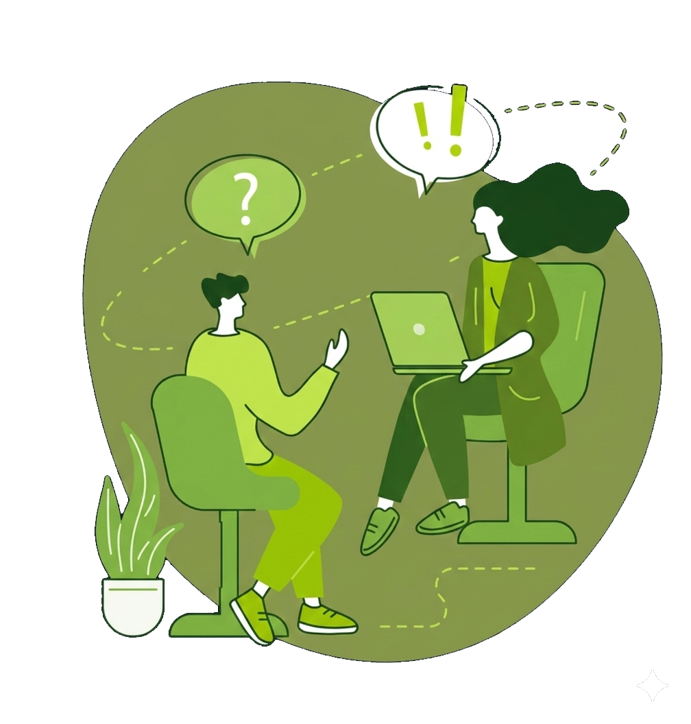 Homem fazendo uma pergunta a uma mulher usando um laptop; balão de conversa acima deles, fundo cinza.