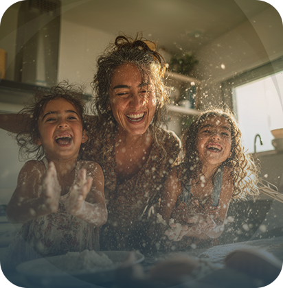 Homem de moletom roxo segurando uma criança rindo, na cozinha de uma casa.