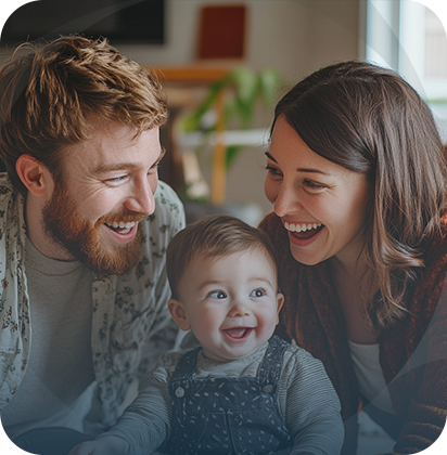 Homem de moletom roxo segurando uma criança rindo, na cozinha de uma casa.
