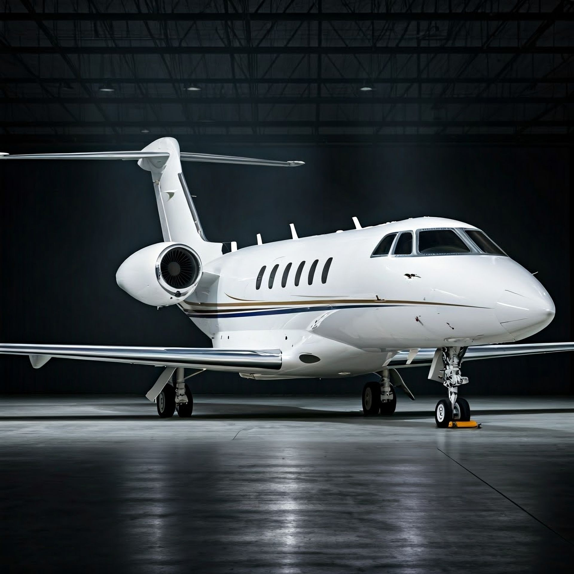An airplane engine is being repaired in a hangar.