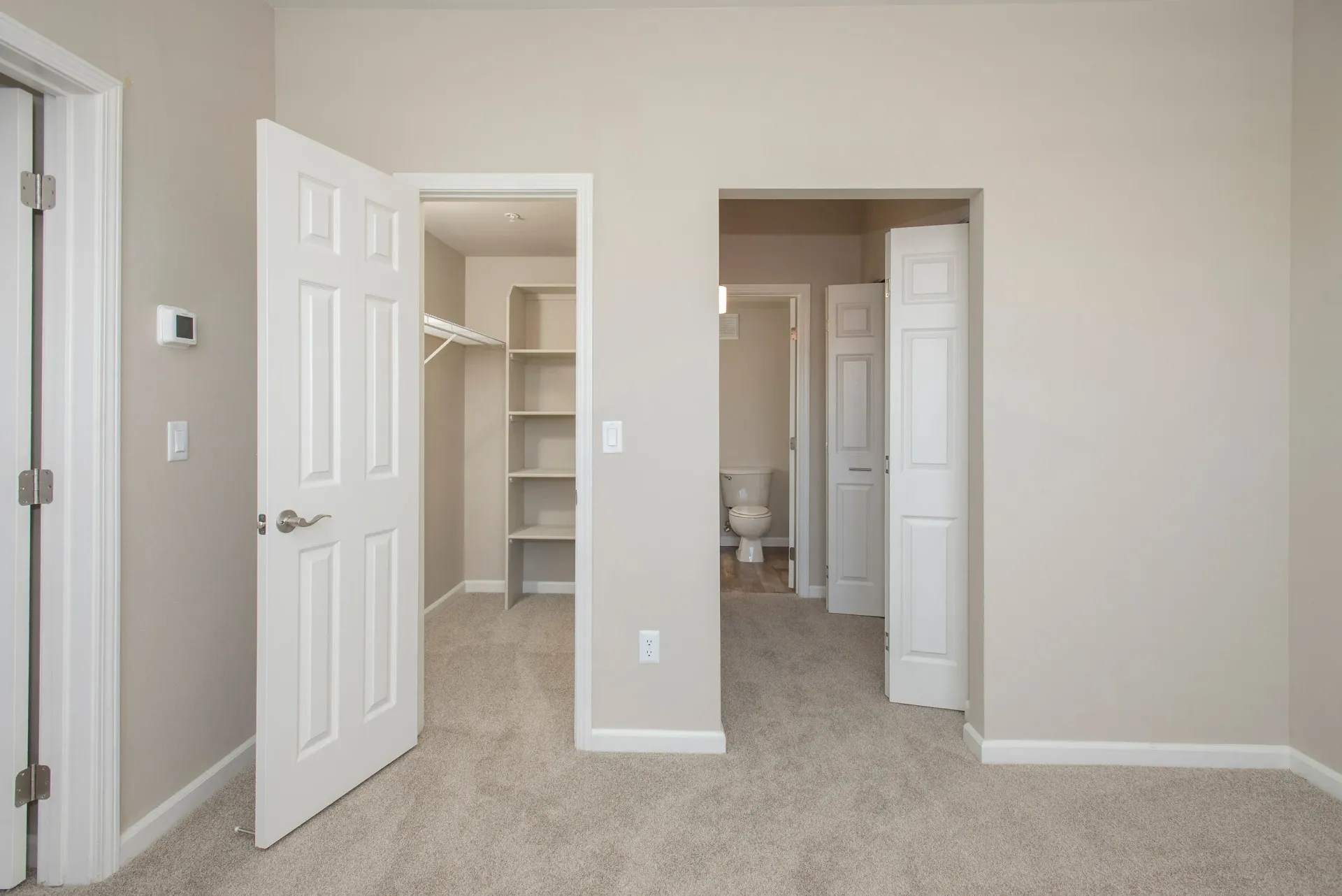 Bedroom view with a walk-in closet and doorway to the bathroom.