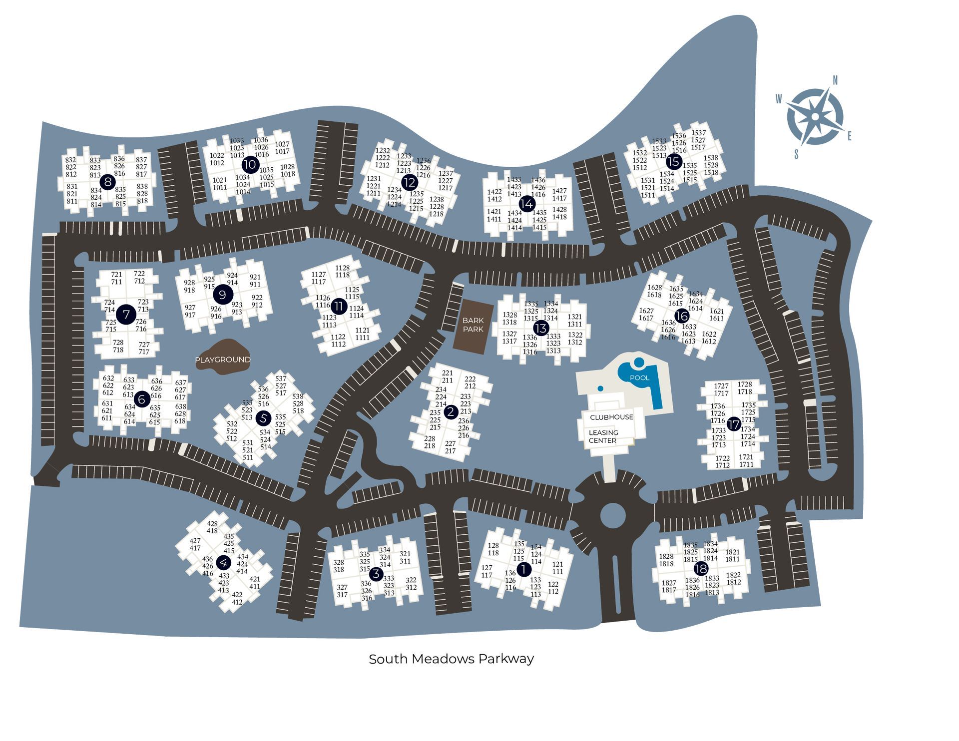 Map of a resort with buildings, roads, a pool, and a compass rose on a blue background.