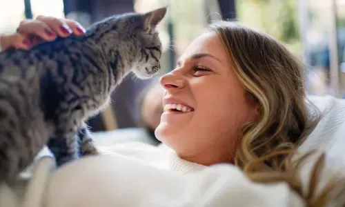 Woman smiles, petting a tabby cat indoors. Sunlight streams in.
