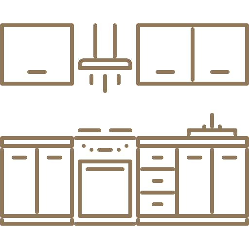 a line drawing of a kitchen with cabinets , a stove , a sink , and a dishwasher .