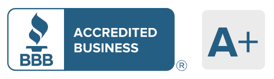 a blue and white badge that says accredited business a+