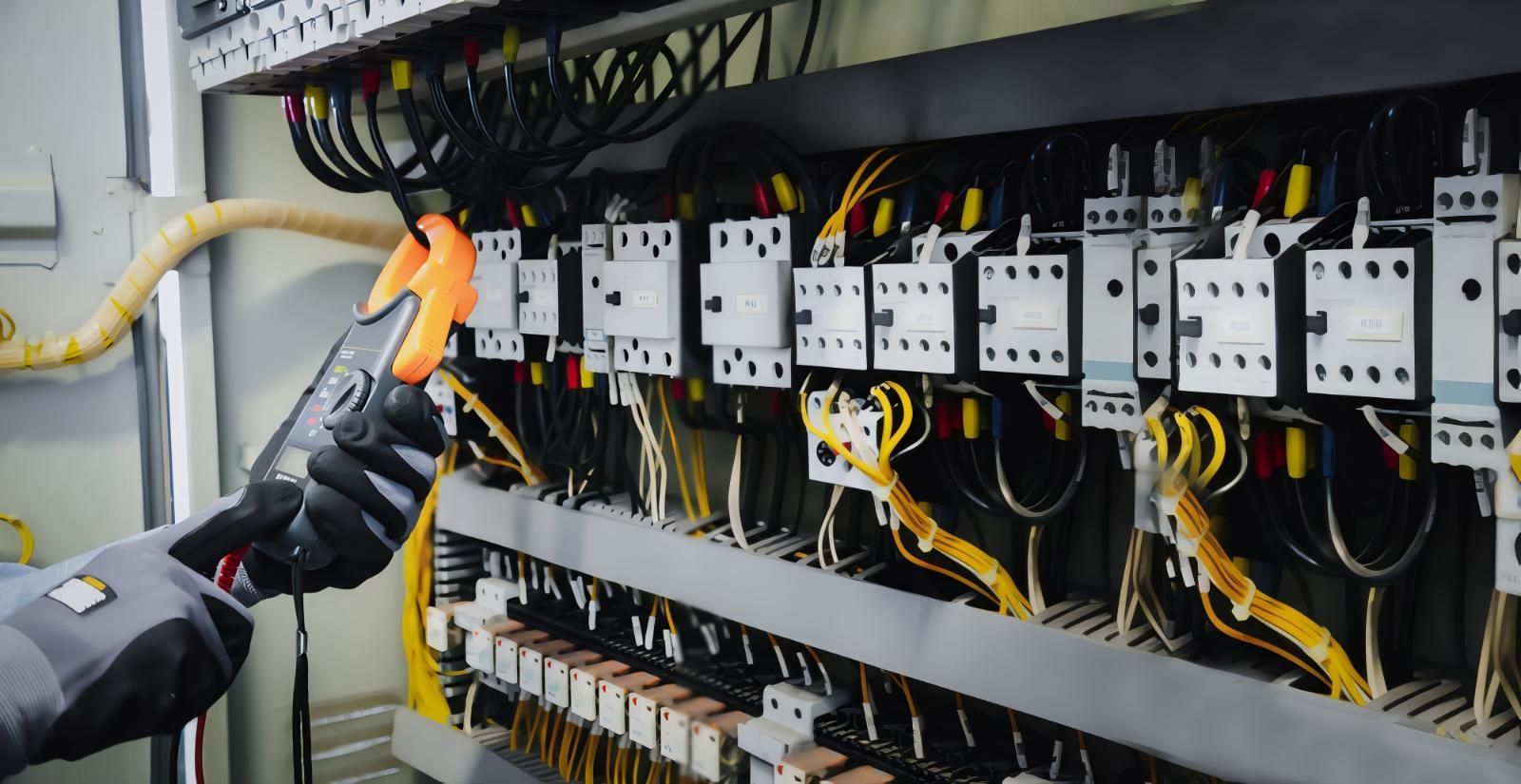 Electrician Using a Clamp Meter to Check Wires Inside an Electrical Panel — J&C Electrical Services in Mirani, QLD