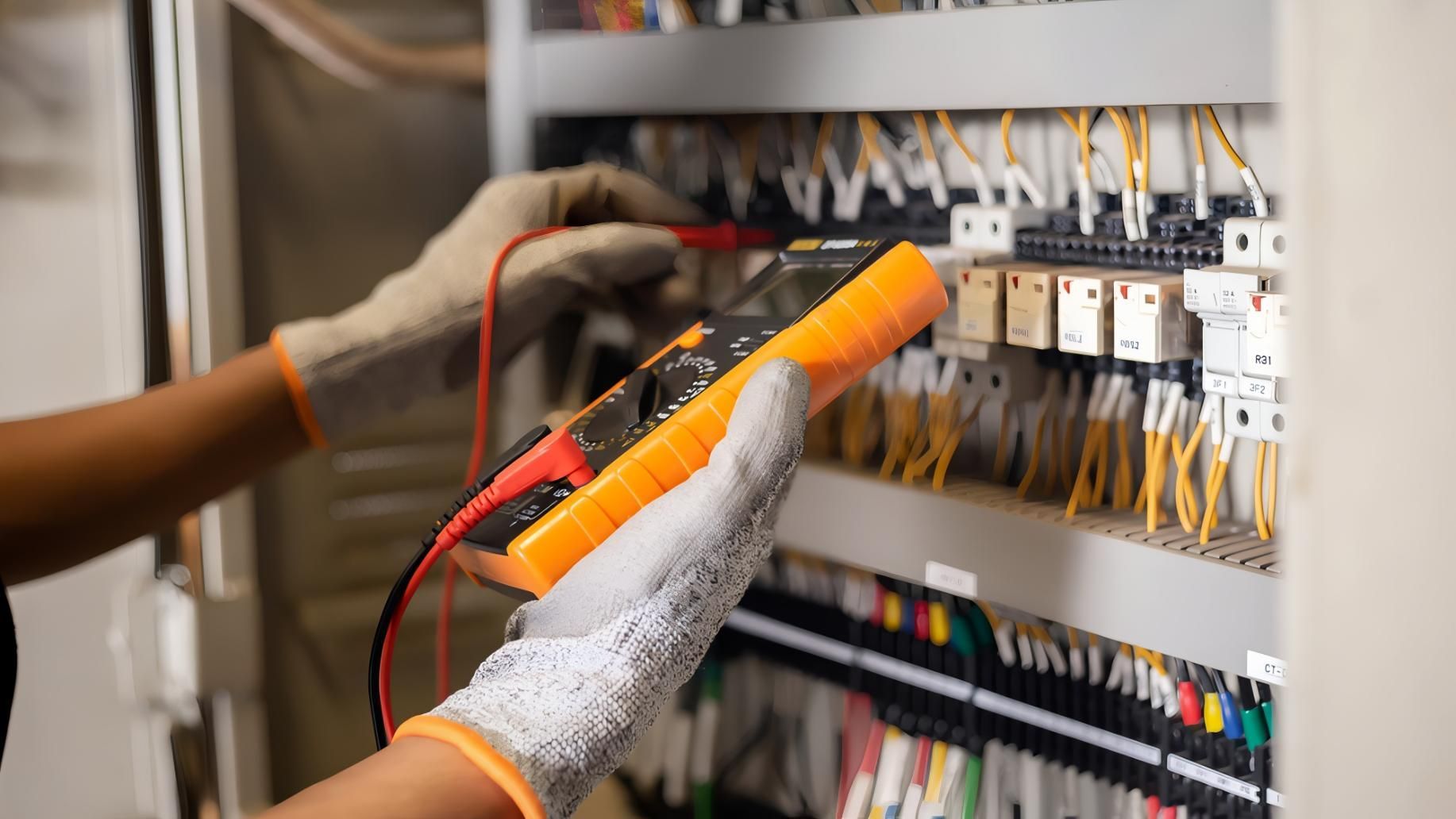 Electrician Using a Multimeter on a Control Panel — J&C Electrical Services in Paget, QLD