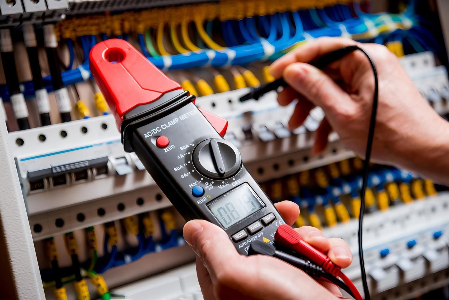Electrician Testing Wires With a Clamp Meter — J&C Electrical Services in Bucasia, QLD