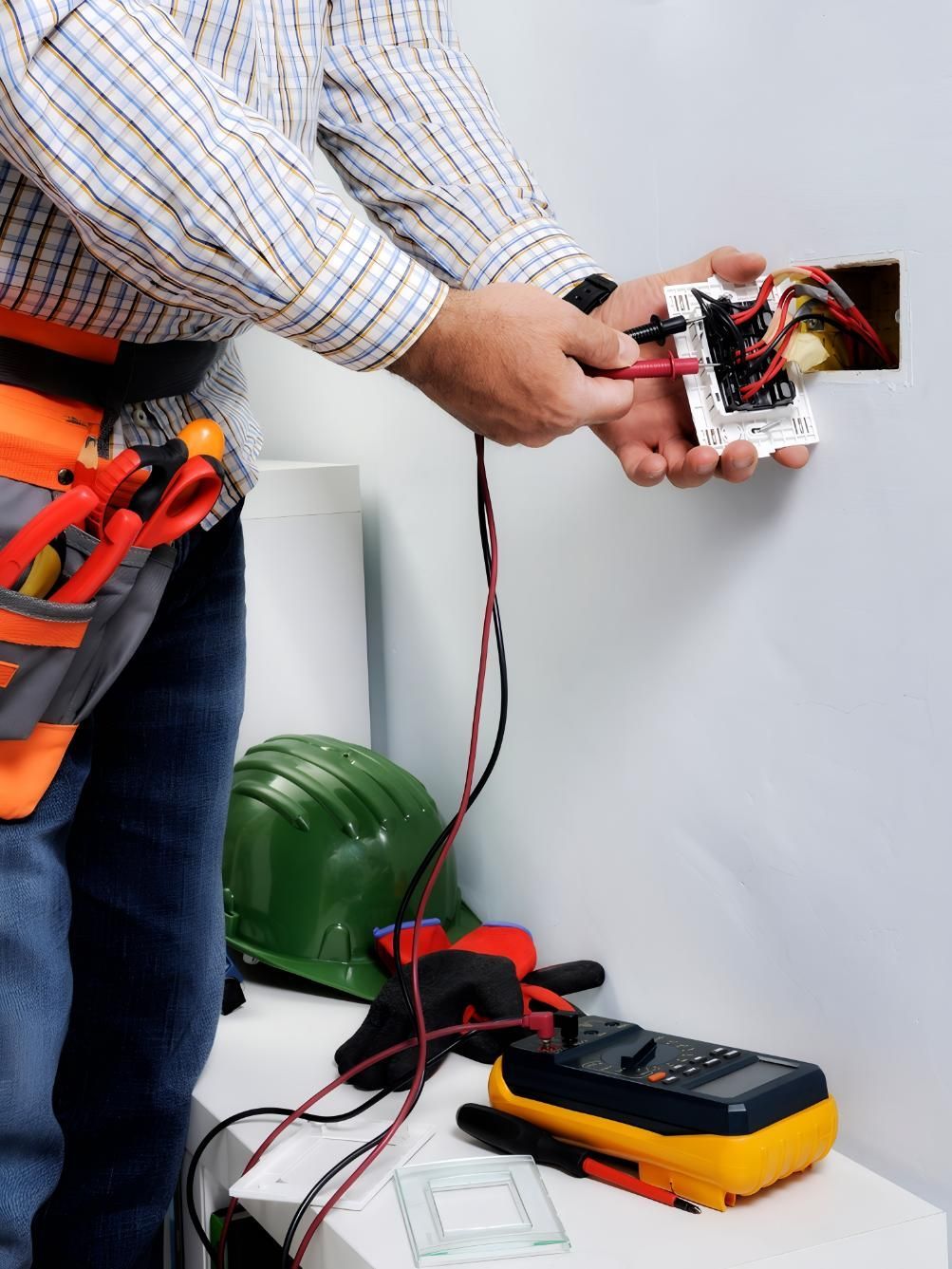 Electrician Testing Wires in a Wall Outlet — J&C Electrical Services in Sarina, QLD