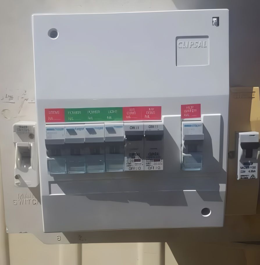 White Electrical Circuit Breaker Box With Colored Switches — J&C Electrical Services in Marian, QLD