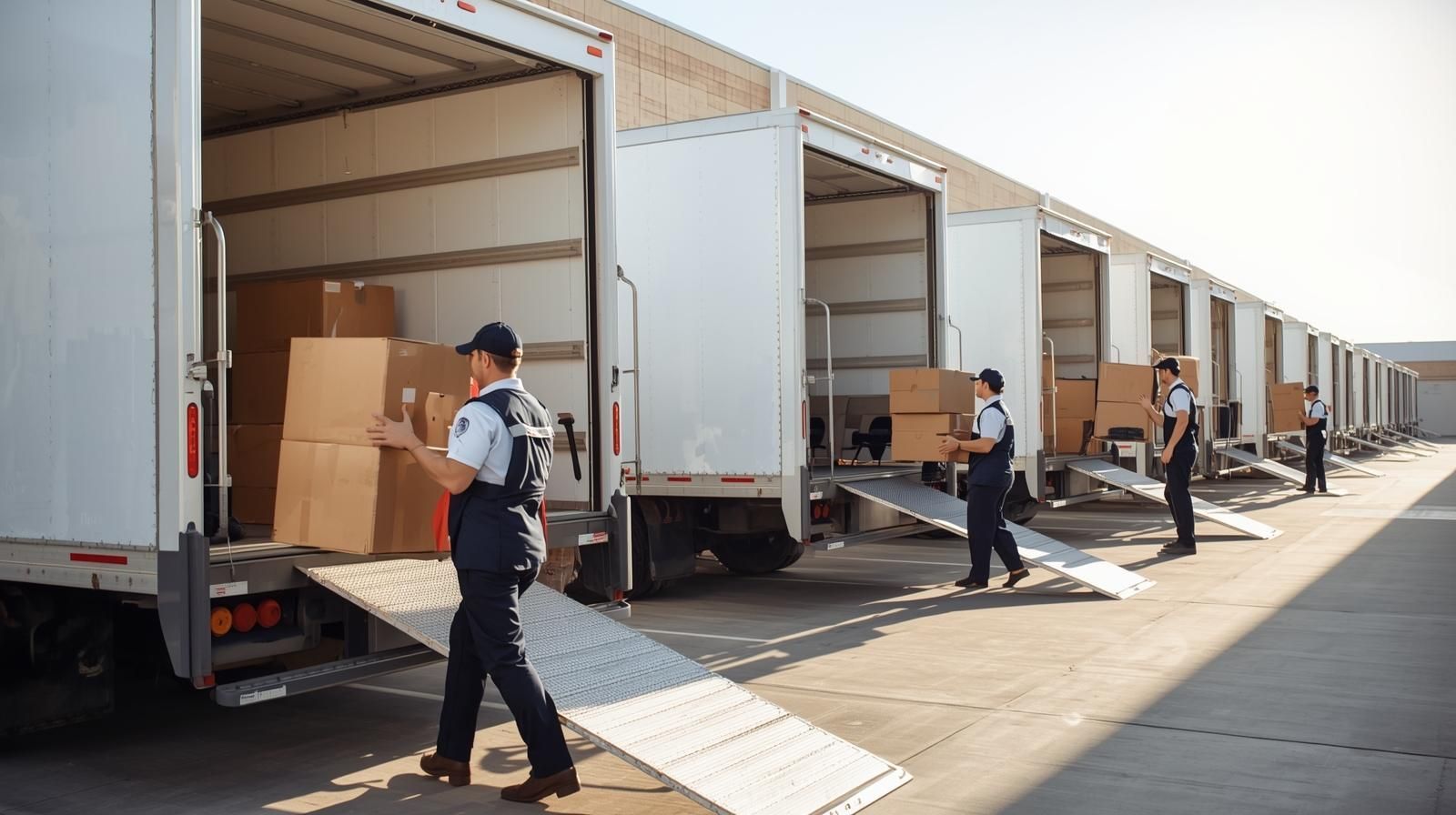 Professional movers loading boxes into a row of moving trucks using ramps.