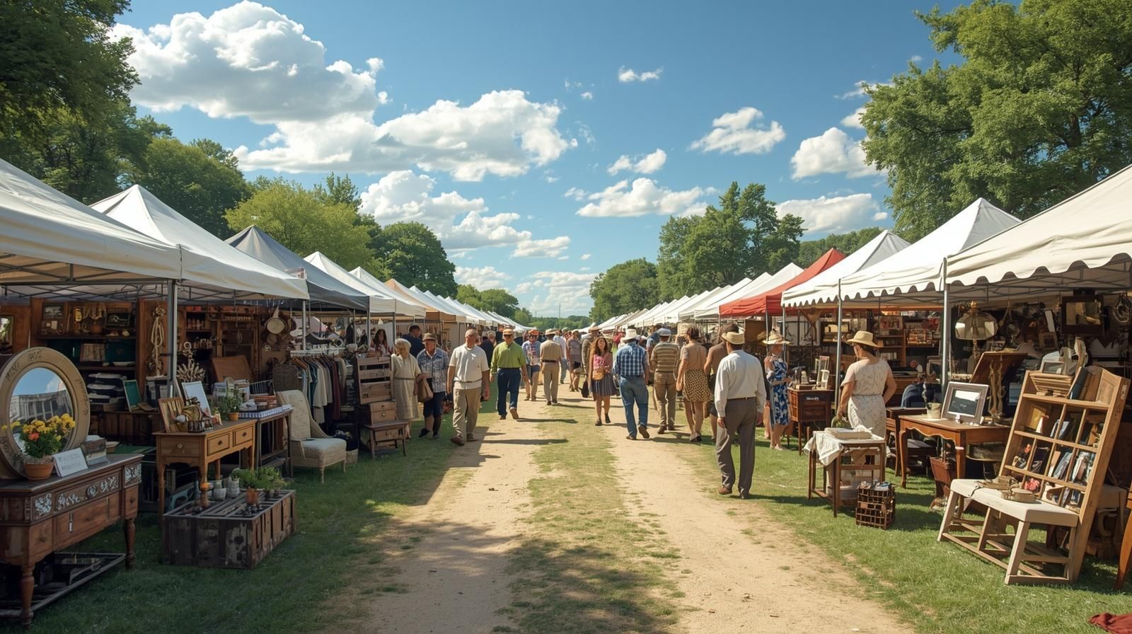 Round Top Antique Fair with vendors and shoppers outdoors