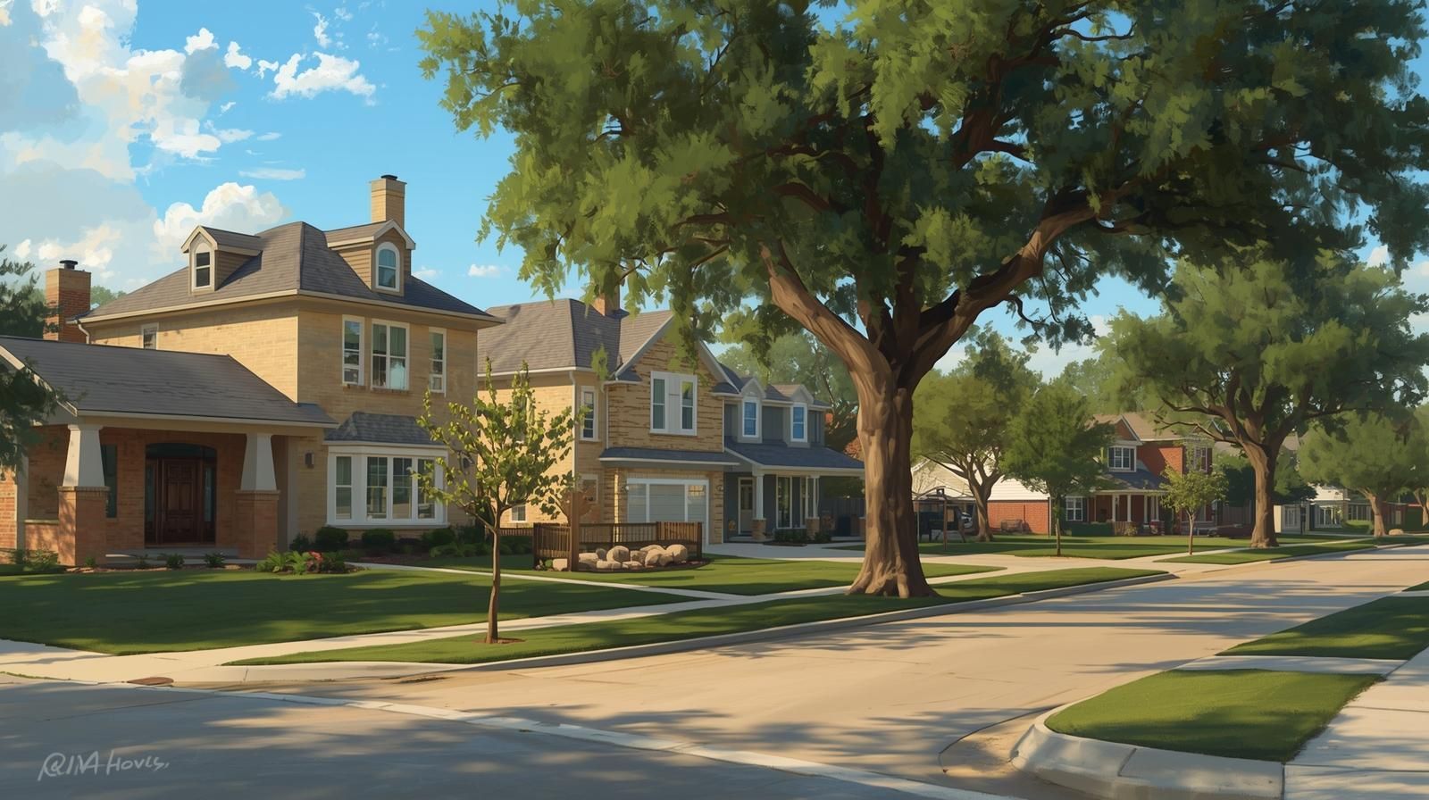 Quiet suburban street in Brenham, Texas with well-kept homes, large trees, and landscaped lawns.