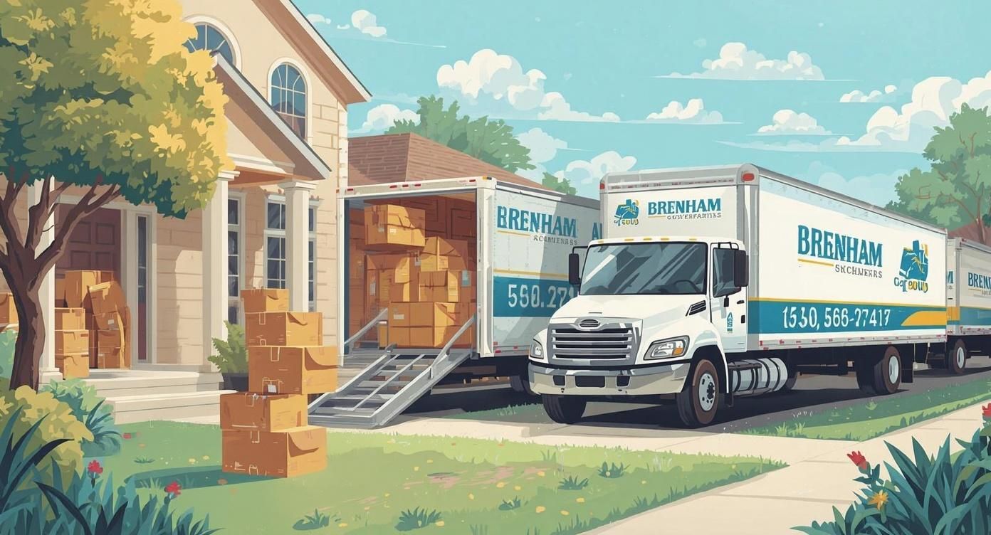 Moving trucks parked outside a Brenham home during a residential move