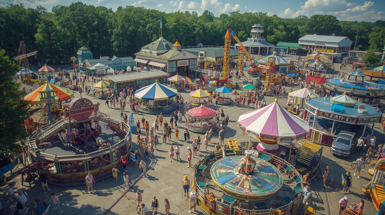 Six Flags New England amusement park with rides and crowds in Agawam