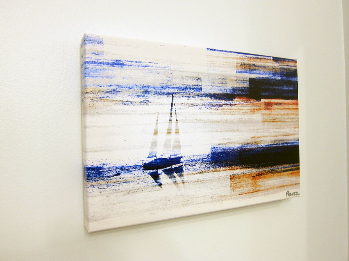 An abstract canvas painting of a sailboat on water, featuring horizontal brushstrokes in blue, tan, and white.