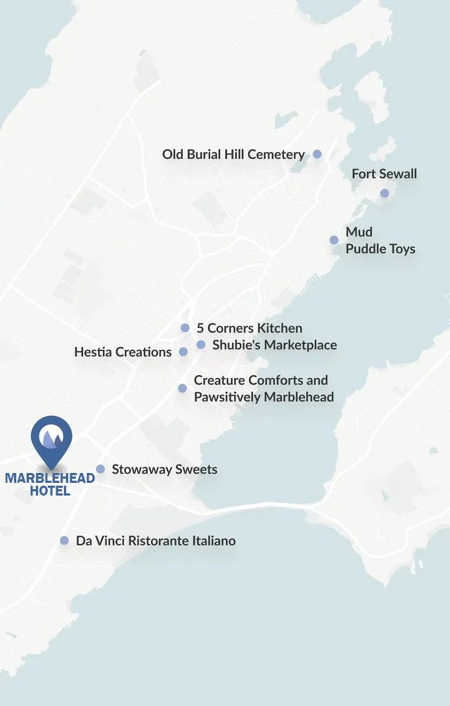 A map of Marblehead, Massachusetts, displaying a blue location pin and several marked landmarks and businesses.