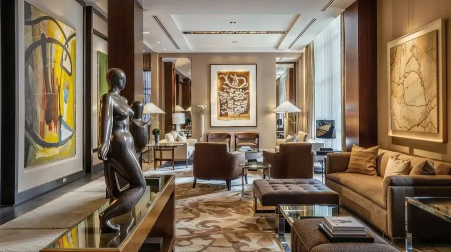 Elegant hotel lounge with abstract art, sculpture, brown furniture, and patterned rug.