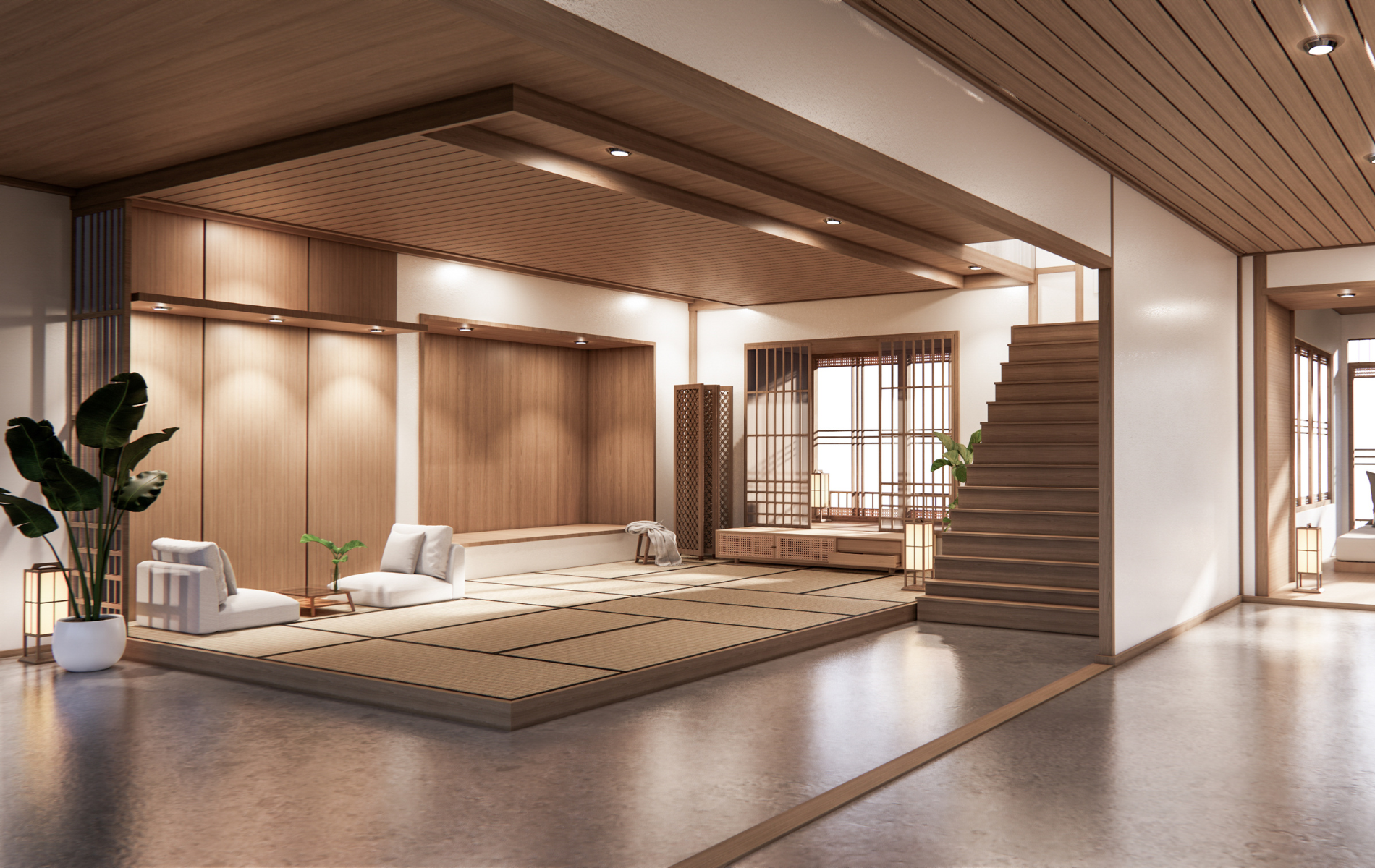 Japanese-style interior with wooden paneling, a raised platform, and stairs leading to a window and doorway.