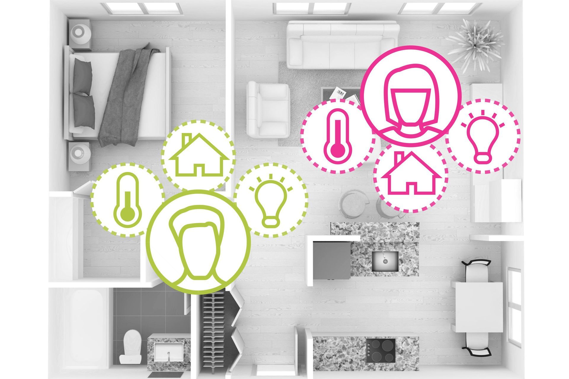 Overhead view of an apartment with smart home features highlighted: temperature, lighting, and home controls associated with figures.