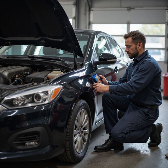 Mechanic in blue uniform examines a black car in a garage, hood open.