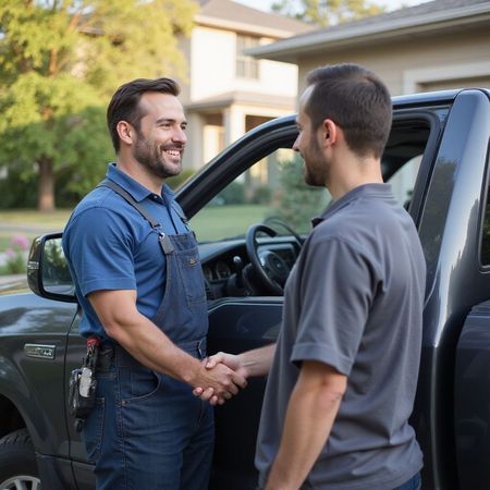 Two men shake hands beside a truck in front of a house; one in blue overalls, smiling.
