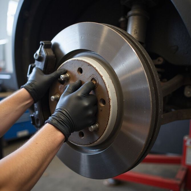 Mechanic wearing black gloves working on a car brake, with a rotor and caliper visible.